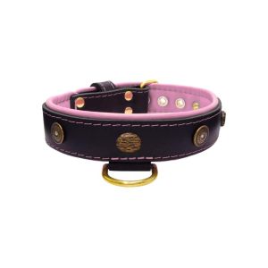 Motif with oval hammered stones and round shield with rhinestones, featuring round carved stones and leather inlay – KD01062/75/40/BK/10