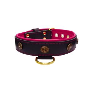 Motif with oval hammered stones and round shield with rhinestones, featuring round carved stones and leather inlay – KD01062/75/40/BK/13