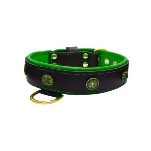 Motif with oval hammered stones and round shield with rhinestones, featuring round carved stones and leather inlay – KD01062/80/40/BK/05