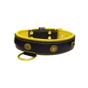 Motif with oval hammered stones and round shield with rhinestones, featuring round carved stones and leather inlay – KD01062/80/40/BK/06