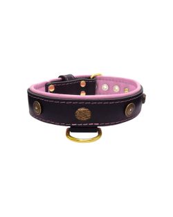 Motif with oval hammered stones and round shield with rhinestones, featuring round carved stones and leather inlay - KD01062/80/40/BK/10
