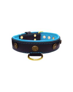 Motif with oval hammered stones and round shield with rhinestones, featuring round carved stones and leather inlay - KD01062/80/40/BK/14