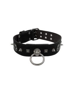 Motivo con tachuelas de metal de 15 mm muy impresionantes, con una pirámide cuadrada tallada y un escudo con 6 strass redondo - KD01071/80/50/BK/00