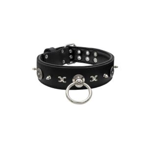 Motif with very impressive 10mm metal studs, chain motif, and a carved shield with round rhinestones and leather backing – KD01078/70/50/BK/01