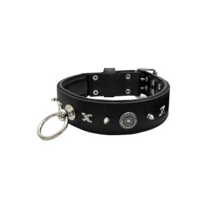 Motif with very impressive 10mm metal studs, chain motif, and a carved shield with round rhinestones and leather backing – KD01078/70/50/BK/01
