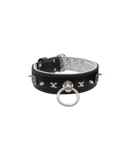 Motif with very impressive 10mm metal studs, chain motif, and a carved shield with round rhinestones and leather backing - KD01078/70/50/BK/02