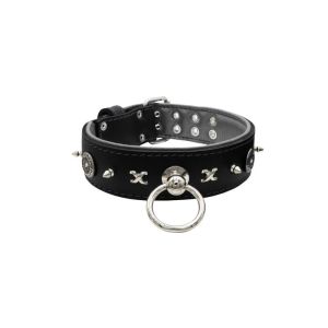 Motif with very impressive 10mm metal studs, chain motif, and a carved shield with round rhinestones and leather backing – KD01078/70/50/BK/12