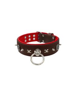 Motivo con impresionantes tachuelas de metal de 10 mm, motivo de cadena y un escudo tallado con brillantes redondos y soporte de cuero - KD01078/70/50/BR/04