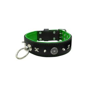 Motif with very impressive 10mm metal studs, chain motif, and a carved shield with round rhinestones and leather backing – KD01078/80/50/BK/05