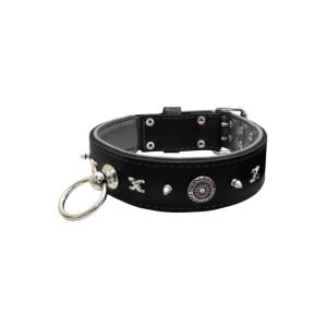 Motif with very impressive 10mm metal studs, chain motif, and a carved shield with round rhinestones and leather backing – KD01078/80/50/BK/12