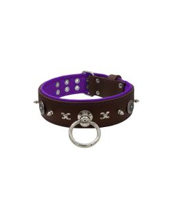 Motivo con impresionantes tachuelas de metal de 10 mm, motivo de cadena y un escudo tallado con brillantes redondos y soporte de cuero - KD01078/80/50/BR/07