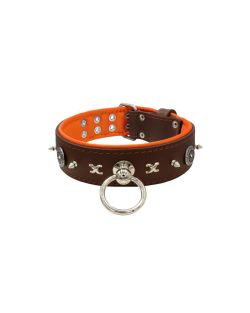 Motivo con impresionantes tachuelas de metal de 10 mm, motivo de cadena y un escudo tallado con brillantes redondos y soporte de cuero - KD01078/80/50/BR/11