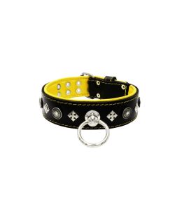 Motif with a very impressive shield featuring round rhinestones, and ornate squares with leather backing - KD01079/70/50/BK/06
