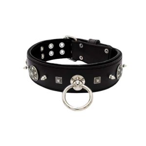 Motif with very impressive 10mm metal studs, featuring a carved square pyramid and a shield with 6 round rhinestones and leather backing – KD01080/70/50/BK/01