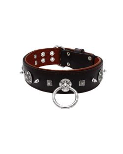 Motivo con tachuelas de metal de 10 mm muy impresionantes con una pirámide cuadrada tallada y un escudo con 6 strass redondos y soporte de cuero - KD01080/70/50/BK/08
