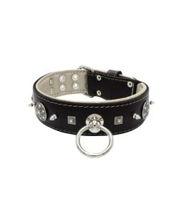 Motif with very impressive 10mm metal studs, featuring a carved square pyramid and a shield with 6 round rhinestones and leather backing - KD01080/70/50/BK/09