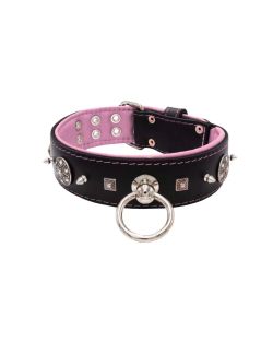 Motivo con tachuelas de metal de 10 mm muy impresionantes con una pirámide cuadrada tallada y un escudo con 6 strass redondos y soporte de cuero - KD01080/70/50/BK/10