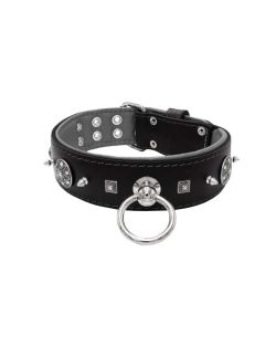 Motivo con tachuelas de metal de 10 mm muy impresionantes con una pirámide cuadrada tallada y un escudo con 6 strass redondos y soporte de cuero - KD01080/70/50/BK/12
