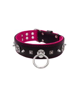 Motivo con tachuelas de metal de 10 mm muy impresionantes con una pirámide cuadrada tallada y un escudo con 6 strass redondos y soporte de cuero - KD01080/70/50/BK/13