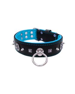 Motivo con tachuelas de metal de 10 mm muy impresionantes con una pirámide cuadrada tallada y un escudo con 6 strass redondos y soporte de cuero - KD01080/70/50/BK/14