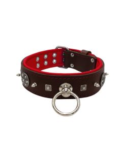 Motivo con tachuelas de metal de 10 mm muy impresionantes con una pirámide cuadrada tallada y un escudo con 6 strass redondos y soporte de cuero - KD01080/70/50/BR/04