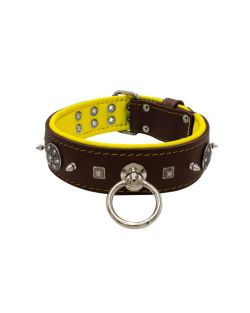 Motivo con tachuelas de metal de 10 mm muy impresionantes con una pirámide cuadrada tallada y un escudo con 6 strass redondos y soporte de cuero - KD01080/70/50/BR/06
