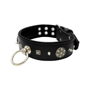 Motif with very impressive 10mm metal studs, featuring a carved square pyramid and a shield with 6 round rhinestones and leather backing – KD01080/75/50/BK/01
