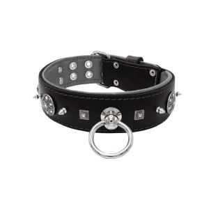 Motif with very impressive 10mm metal studs, featuring a carved square pyramid and a shield with 6 round rhinestones and leather backing – KD01080/75/50/BK/12