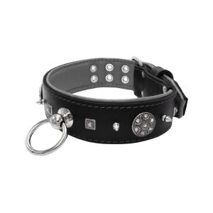 Motif with very impressive 10mm metal studs, featuring a carved square pyramid and a shield with 6 round rhinestones and leather backing – KD01080/75/50/BK/12