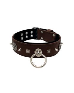 Motivo con tachuelas de metal de 10 mm muy impresionantes con una pirámide cuadrada tallada y un escudo con 6 strass redondos y soporte de cuero - KD01080/80/50/BR/01