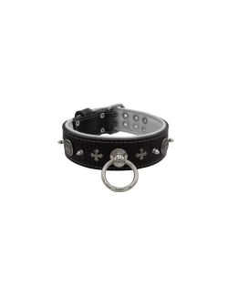 Motivo con impresionantes tachuelas de metal de 10 mm, cruz medieval y escudo redondo tallado con soporte de cuero - KD01081/70/50/BK/02
