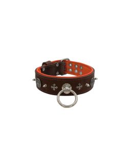 Motivo con impresionantes tachuelas de metal de 10 mm, cruz medieval y escudo redondo tallado con soporte de cuero - KD01081/75/50/BR/11