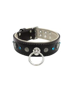 Motif with a very impressive carved round shield, square rhinestones, and a hammered round shield with leather backing - KD01083/70/50/BK/09