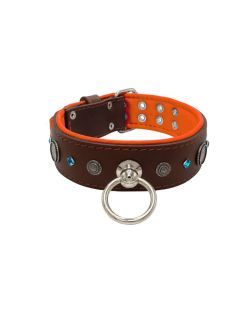 Motif with a very impressive carved round shield, square rhinestones, and a hammered round shield with leather backing - KD01083/75/50/BR/11