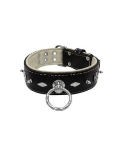 Motivo con impresionantes tachuelas de metal de 10 mm, diamantes y cruces medievales con soporte de cuero - KD01084/70/50/BK/09