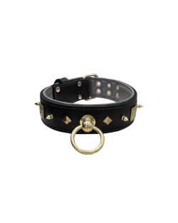 Motif with very impressive 10mm gold metal studs, featuring a square meander shield and small metal pyramids with leather backing - KD01086/70/50/BK/12