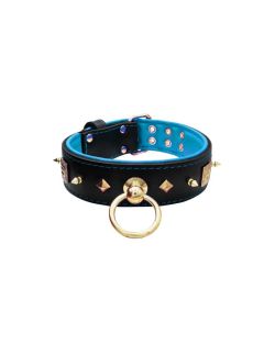 Motif with very impressive 10mm gold metal studs, featuring a square meander shield and small metal pyramids with leather backing - KD01086/70/50/BK/14