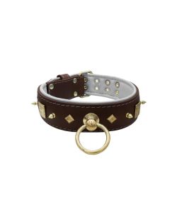 Motif with very impressive 10mm gold metal studs, featuring a square meander shield and small metal pyramids with leather backing - KD01086/70/50/BR/02