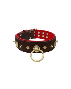 Motif with very impressive 10mm gold metal studs, featuring a square meander shield and small metal pyramids with leather backing - KD01086/70/50/BR/04