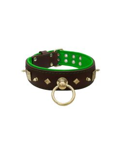 Motif with very impressive 10mm gold metal studs, featuring a square meander shield and small metal pyramids with leather backing - KD01086/70/50/BR/05