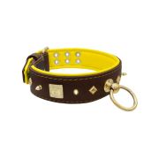 Motif with very impressive 10mm gold metal studs, featuring a square meander shield and small metal pyramids with leather backing – KD01086/70/50/BR/06