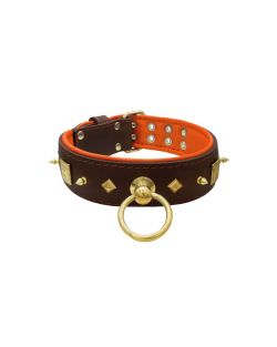Motif with very impressive 10mm gold metal studs, featuring a square meander shield and small metal pyramids with leather backing - KD01086/70/50/BR/11