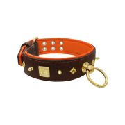 Motif with very impressive 10mm gold metal studs, featuring a square meander shield and small metal pyramids with leather backing – KD01086/70/50/BR/11
