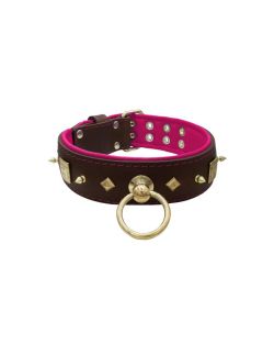 Motif with very impressive 10mm gold metal studs, featuring a square meander shield and small metal pyramids with leather backing - KD01086/70/50/BR/13
