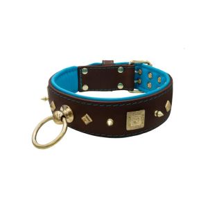 Motif with very impressive 10mm gold metal studs, featuring a square meander shield and small metal pyramids with leather backing – KD01086/70/50/BR/14