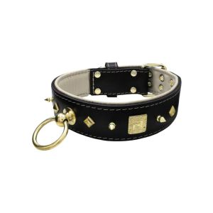 Motif with very impressive 10mm gold metal studs, featuring a square meander shield and small metal pyramids with leather backing – KD01086/75/50/BK/09