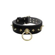 Motif with very impressive 10mm gold metal studs, featuring a square meander shield and small metal pyramids with leather backing – KD01086/75/50/BK/12