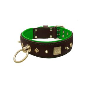 Motif with very impressive 10mm gold metal studs, featuring a square meander shield and small metal pyramids with leather backing – KD01086/75/50/BR/05