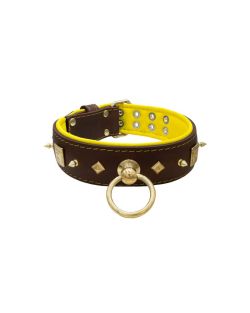 Motif with very impressive 10mm gold metal studs, featuring a square meander shield and small metal pyramids with leather backing - KD01086/75/50/BR/06