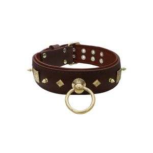 Motif with very impressive 10mm gold metal studs, featuring a square meander shield and small metal pyramids with leather backing – KD01086/75/50/BR/08